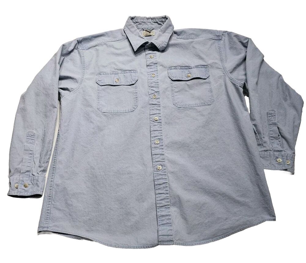 LL Bean Denim Shirt Mens Large Vintage Blue Cotton Pockets Long Sleeve Button Up